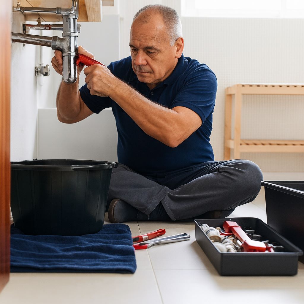 Klempner installiert neue Armaturen im Badezimmer