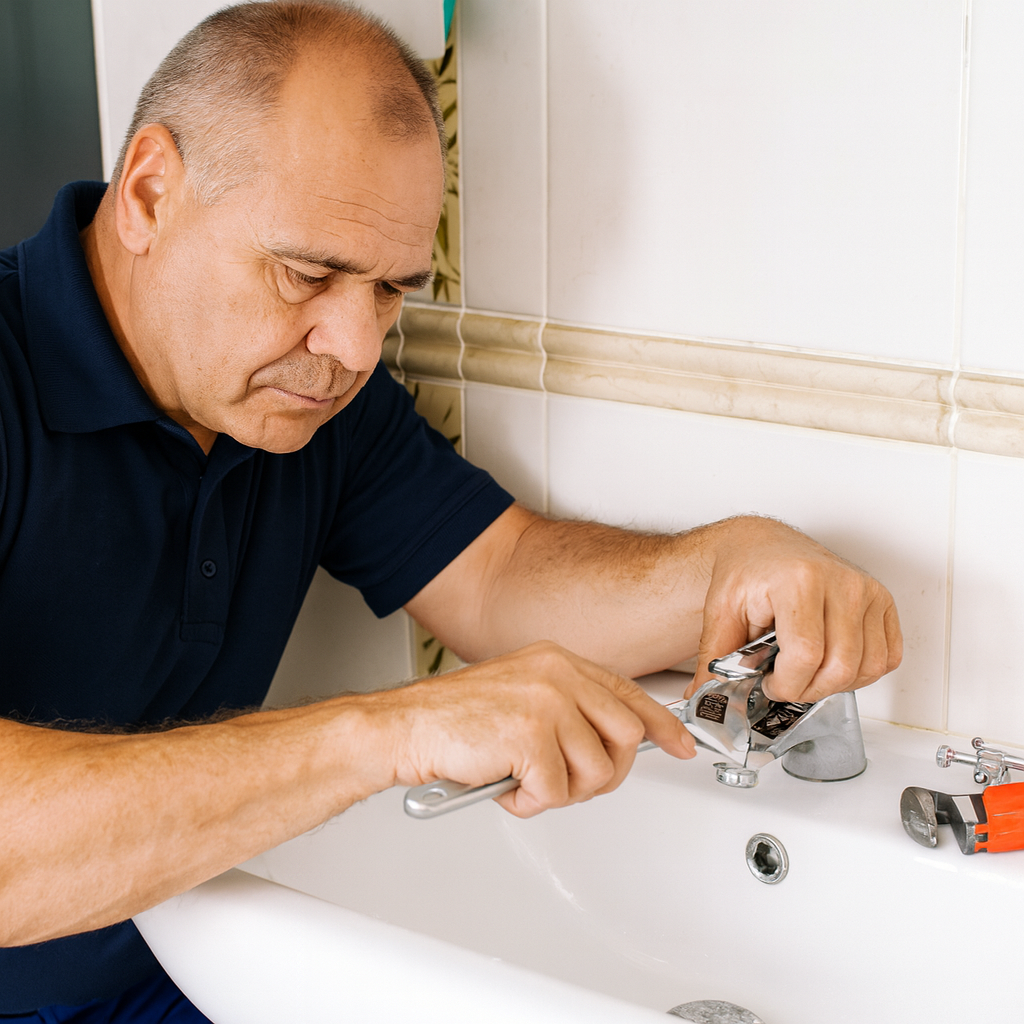 Installateur dichtet Wasserhahn neu ab