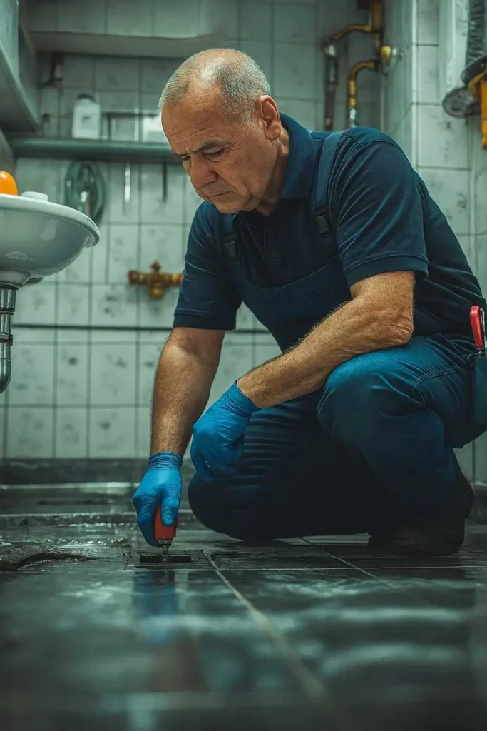 Handwerker repariert Bodenfliesen im Badezimmer