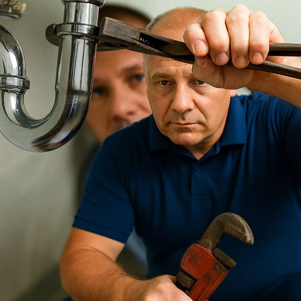 Klempner zieht Metallrohr fest