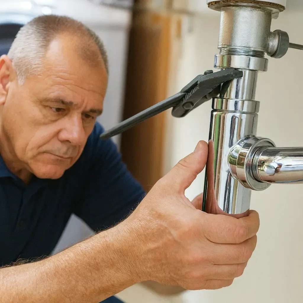 Handwerker repariert Abflussrohr